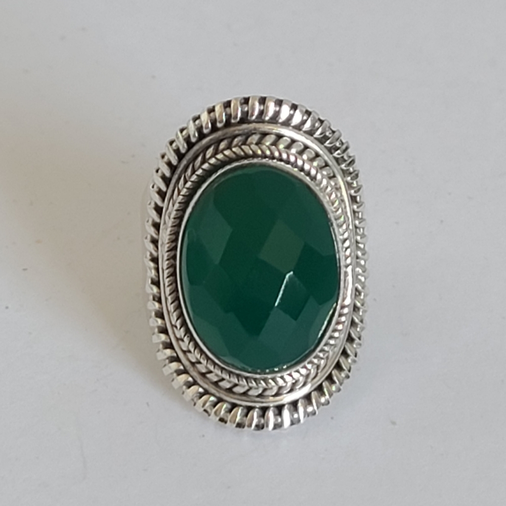 Vintage Boho Tribal Sterling Silver Chunky Faceted Green Onyx Full Finger Ring